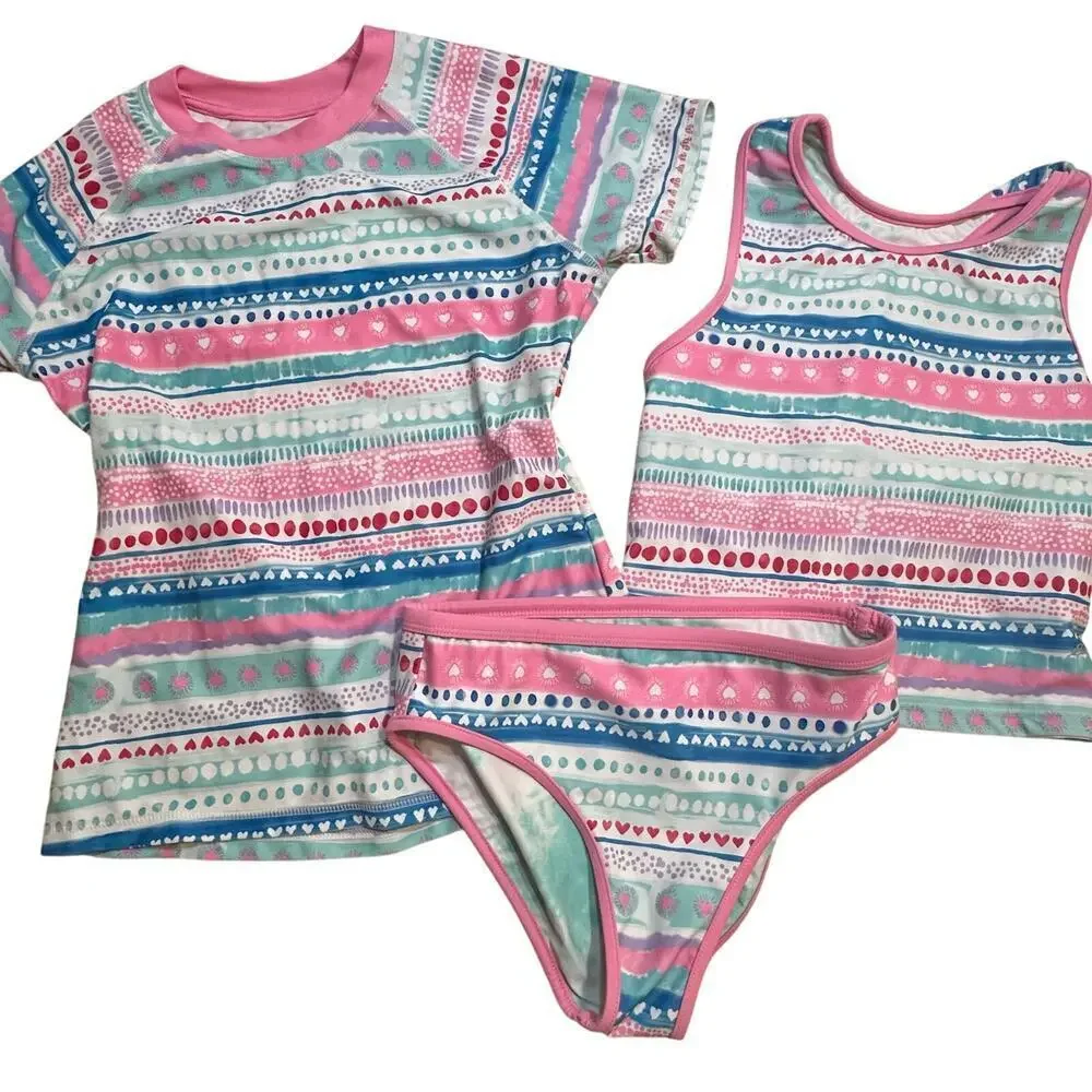 Eddie Bauer Three Piece Swimsuit Tankini with Rash Guard Top sz L (10-12)